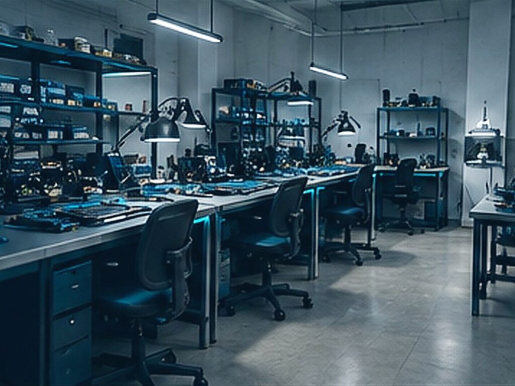 The GRV IT Solutions laptop repair workshop with multiple service benches