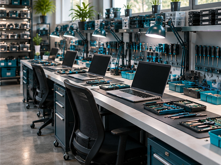 The GRV IT Solutions laptop repair workshop with multiple service benches