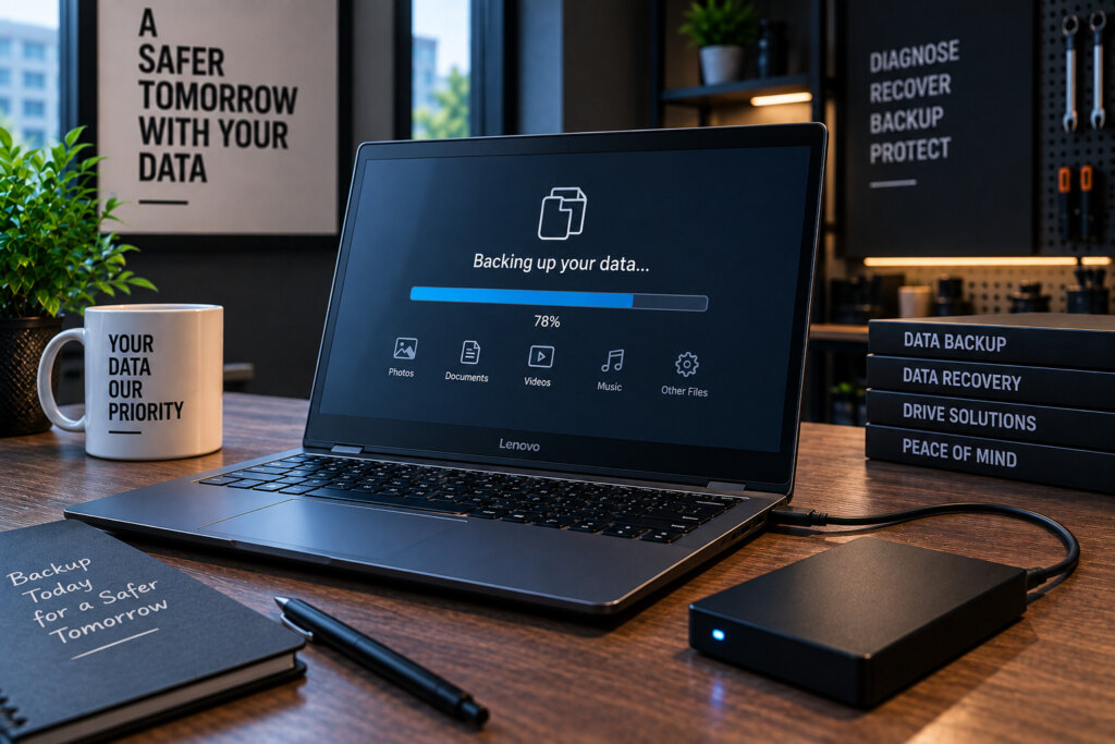 External SSD connected to a laptop during a data backup