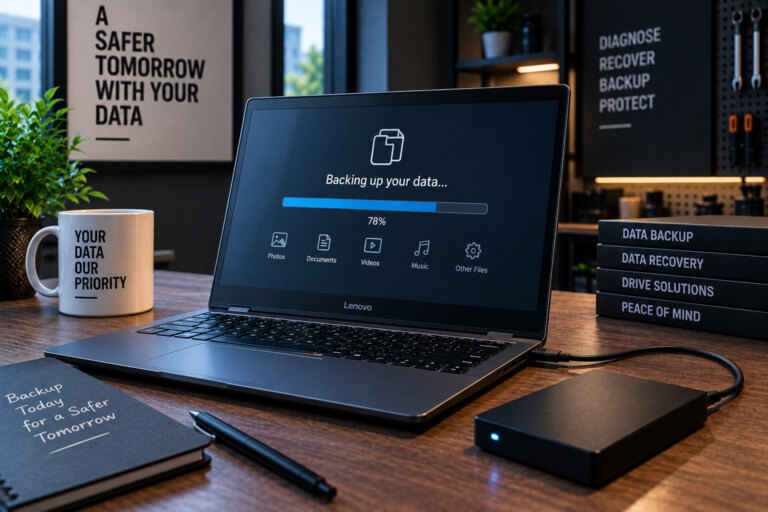 External SSD connected to a laptop during a data backup