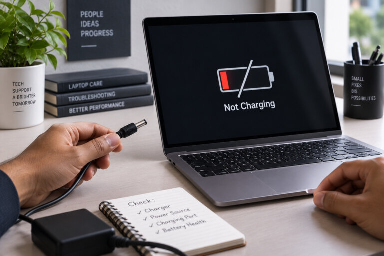 Laptop charger plug beside a laptop charging port during a not-charging diagnosis