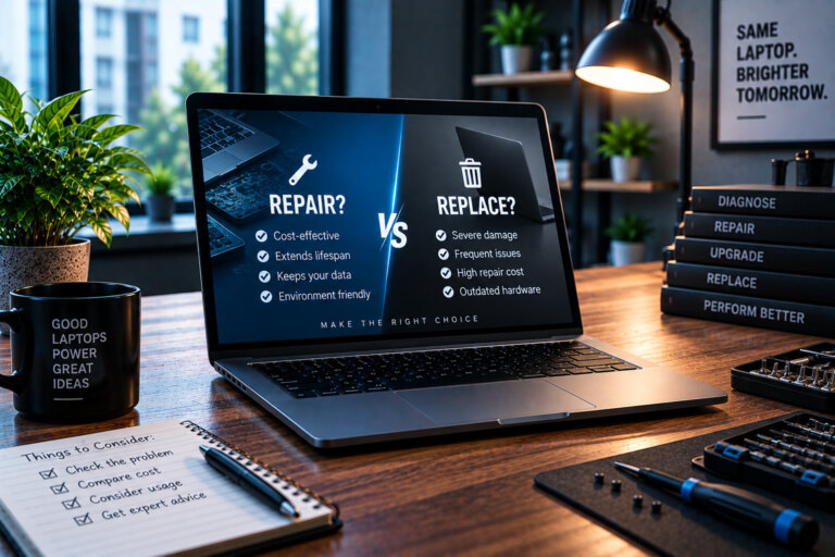 An older opened laptop beside a newer closed laptop for a repair or replace decision