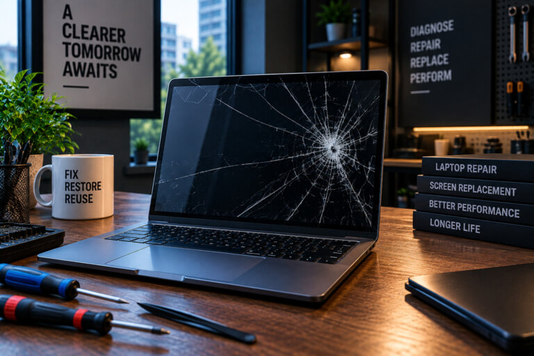 Cracked laptop screen with fracture lines spreading from the impact point