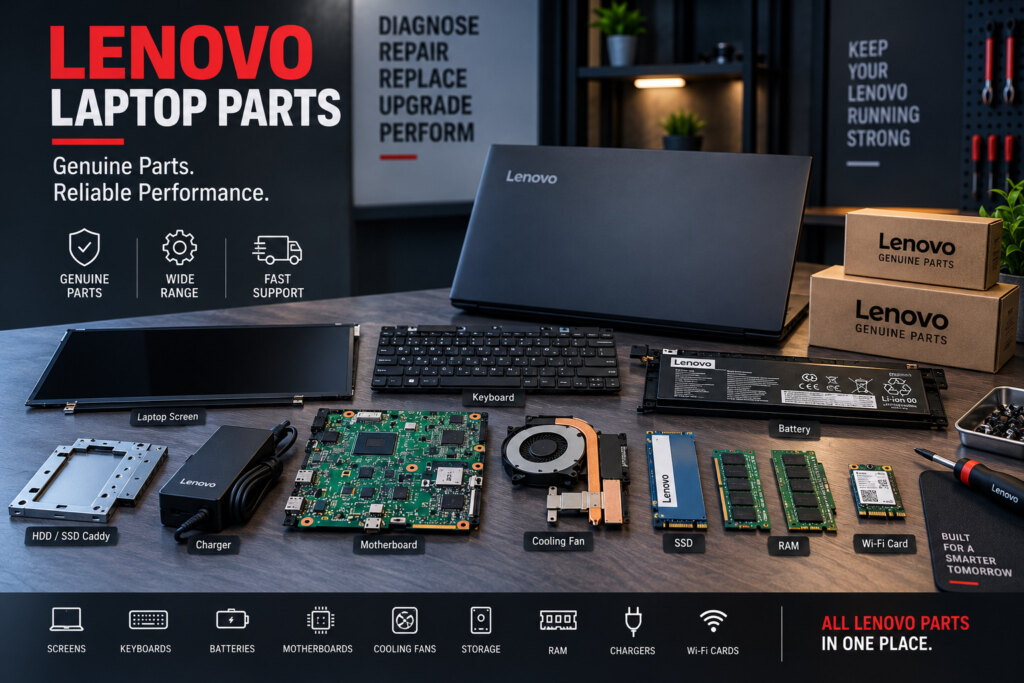 Laptop spare parts laid out in a grid: keyboard, battery, fan, SSD and hinge