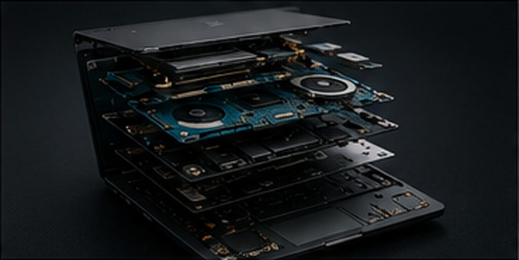 Laptop dismantled on the bench showing its internal components