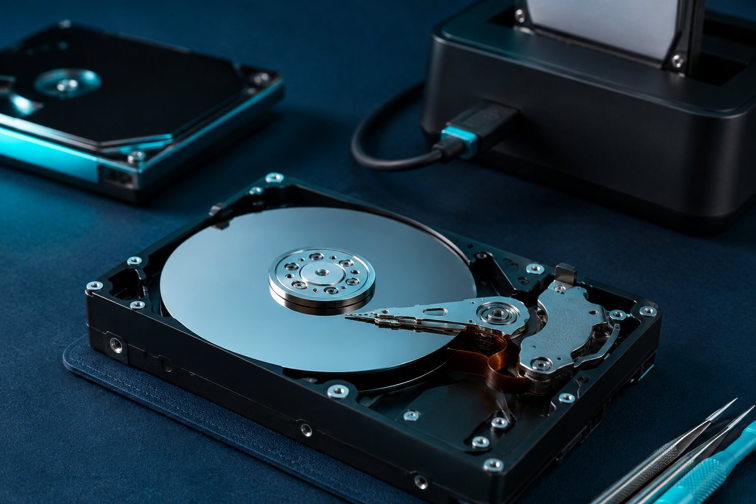 Opened hard drive platters beside a cloning dock during data recovery