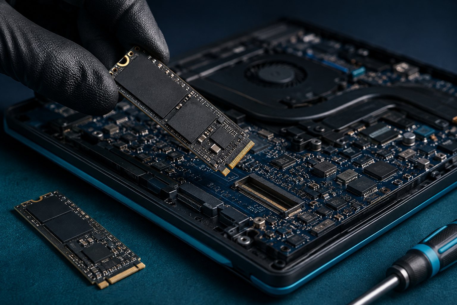 NVMe SSD being fitted into an open laptop chassis