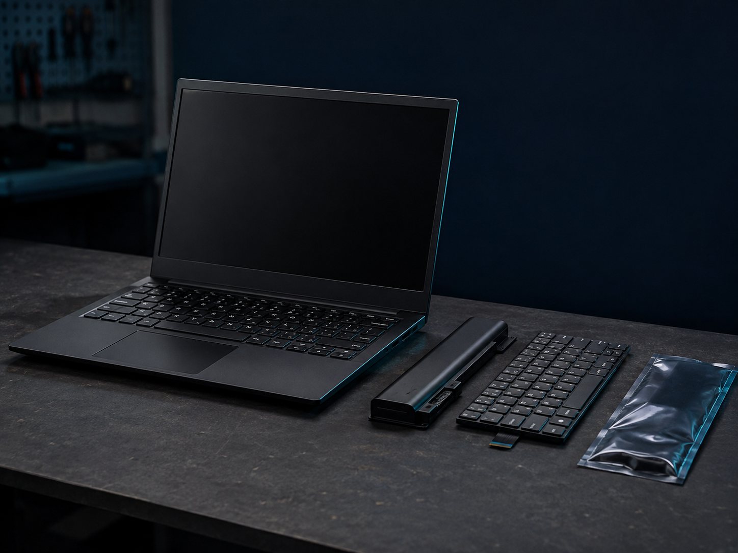 Genuine replacement laptop battery and keyboard parts laid out on a service bench