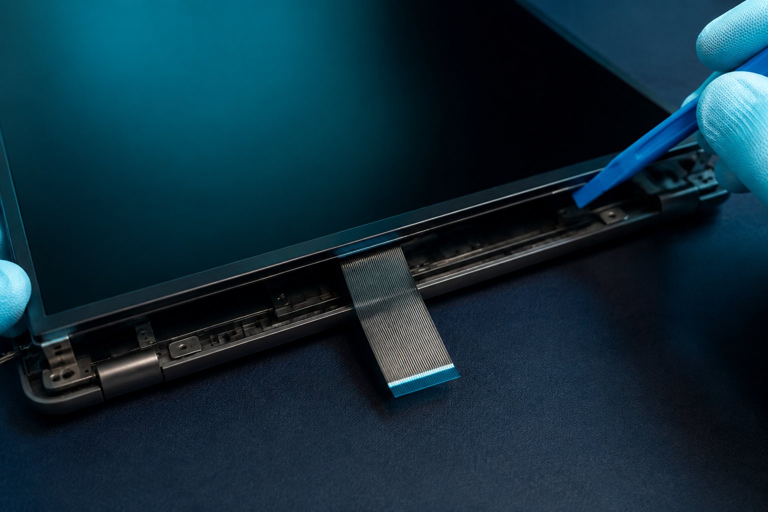 Laptop display panel lifted from its bezel with the ribbon cable exposed