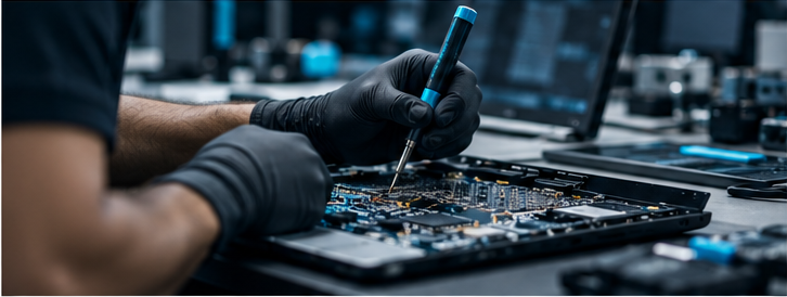 GRV technician repairing a laptop motherboard at component level with a precision soldering tool