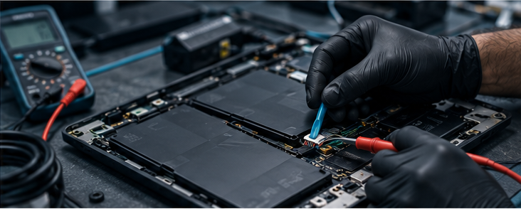 GRV technician disconnecting a laptop battery pack and probing the charging port pins with a multimeter