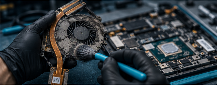 GRV technician removing a dust-clogged cooling fan and copper heat pipe from a laptop chassis