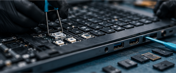 GRV technician lifting laptop keycaps to reach the switch membrane during a keyboard and port repair