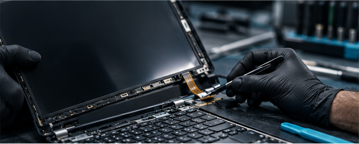 GRV technician lifting a laptop display panel free of the lid to reach the ribbon cable during a screen repair