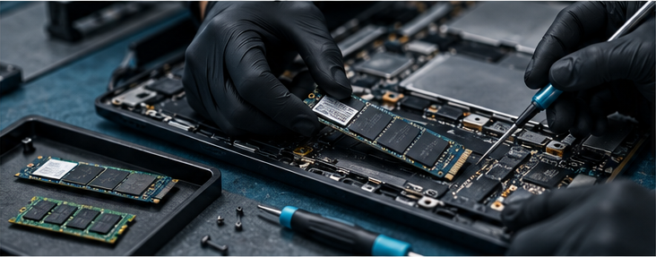 GRV technician seating an M.2 solid-state drive into a laptop during a storage and memory upgrade