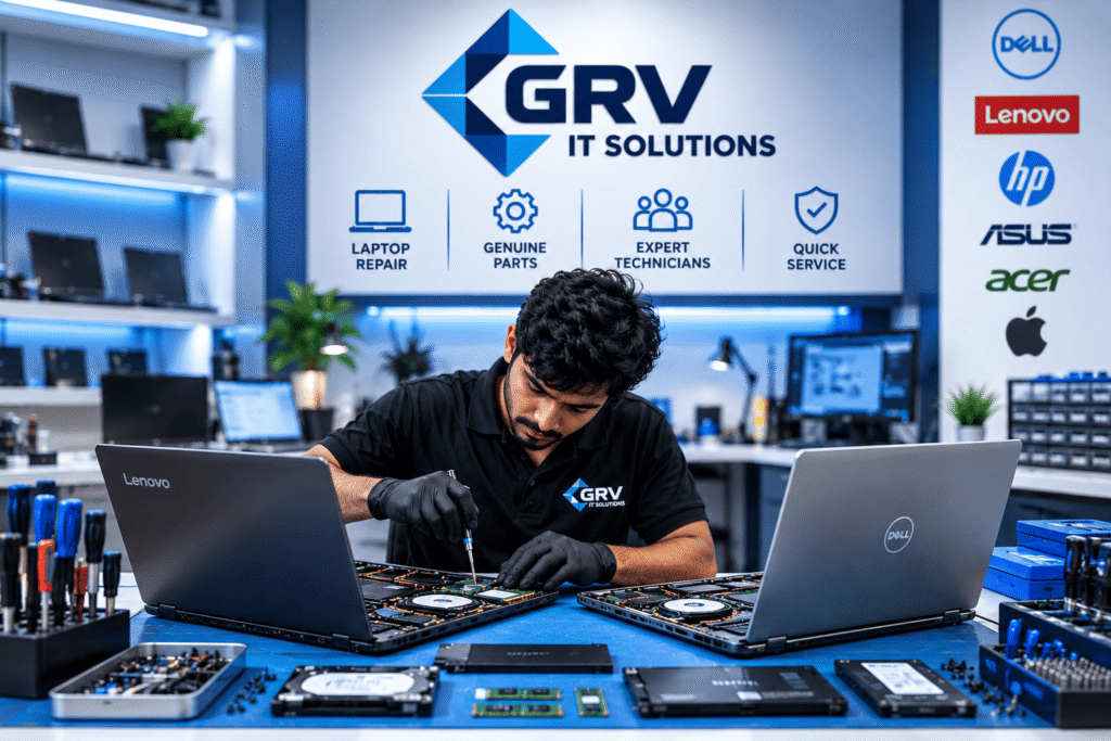Technician working on Lenovo and Dell laptops at a GRV IT Solutions service bench